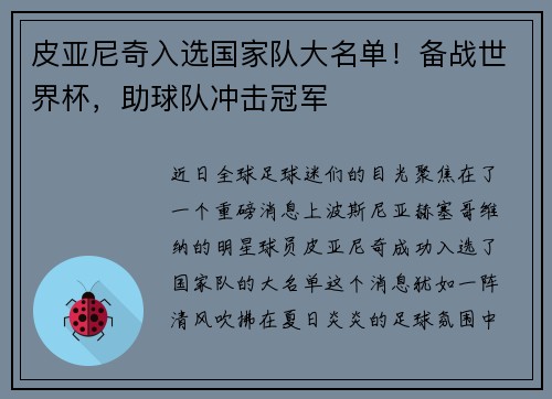 皮亚尼奇入选国家队大名单！备战世界杯，助球队冲击冠军