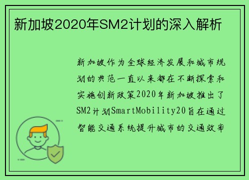 新加坡2020年SM2计划的深入解析