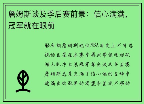 詹姆斯谈及季后赛前景：信心满满，冠军就在眼前