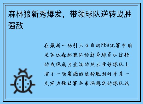森林狼新秀爆发，带领球队逆转战胜强敌