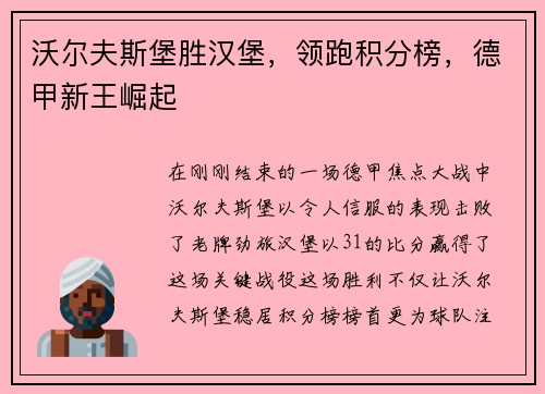 沃尔夫斯堡胜汉堡，领跑积分榜，德甲新王崛起