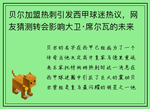 贝尔加盟热刺引发西甲球迷热议，网友猜测转会影响大卫·席尔瓦的未来