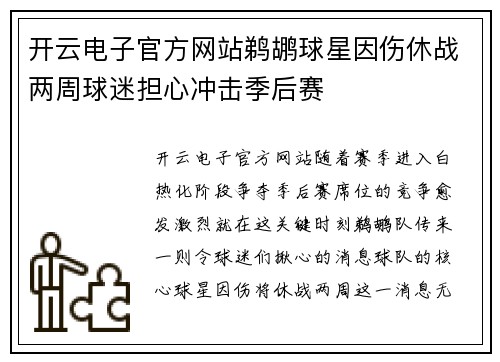 开云电子官方网站鹈鹕球星因伤休战两周球迷担心冲击季后赛