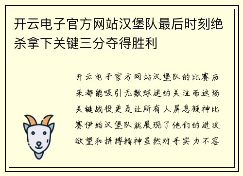 开云电子官方网站汉堡队最后时刻绝杀拿下关键三分夺得胜利